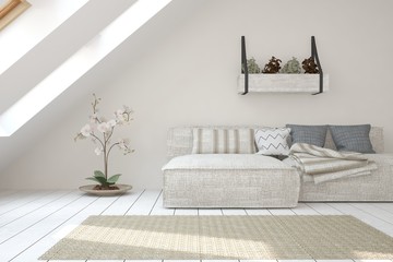 White modern room with sofa. Scandinavian interior design. 3D illustration