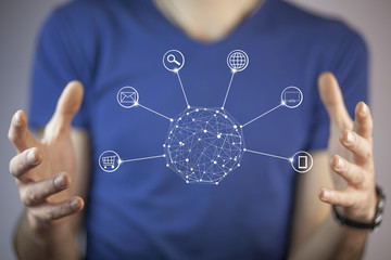 Hands holding circle global network connection