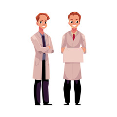Two male doctors in medical coats, one holding blank board, sign, plate, another with folded arms, cartoon vector illustration isolated on white background. Full length portrait of two man doctors