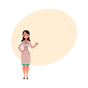 Female, woman doctor in white medical coat showing thumb up, cartoon vector illustration with space for text. Full length portrait of female doctor giving thumb up, front view