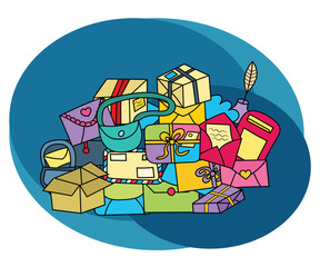 Postal design set. Cartoon free hand draw doodle vector illustration.