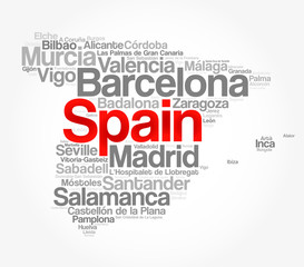 List of cities and towns in SPAIN, map word cloud collage, business and travel concept background