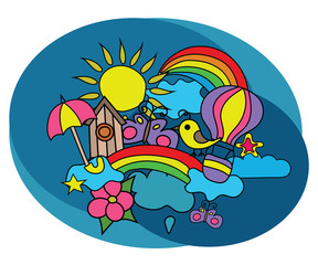 Summer weather design set. Coloring book page template.  Outline doodle vector illustration.