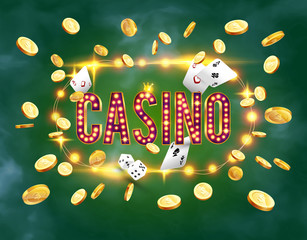 Naklejka premium The word Casino, surrounded by a luminous frame and attributes of gambling, on a explosion background. The new, best design of the luck banner, for gambling, casino, poker, slot, roulette or bone.
