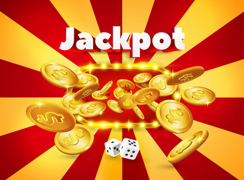 Word Jackpot, above a light frame with coins appearing from it, on a red and orange retro background. Banner of luck, for gambling, casino, poker, slot, roulette or bone.