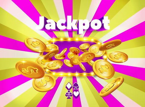 Word Jackpot, above a light frame with coins appearing from it, on a pink and green retro background. The luck banner, for gambling, casino, poker, slot, roulette or bone.