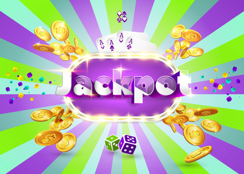 The word Jackpot, surrounded by a luminous frame and attributes of gambling, on a pink and green retro background. The luck banner, for gambling, casino, poker, slot, roulette or bone.