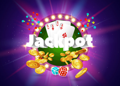 The word Jackpot, surrounded by a luminous frame and attributes of gambling, on a green background. The new, best design of the luck banner, for gambling, casino, poker, slot, roulette or bone.