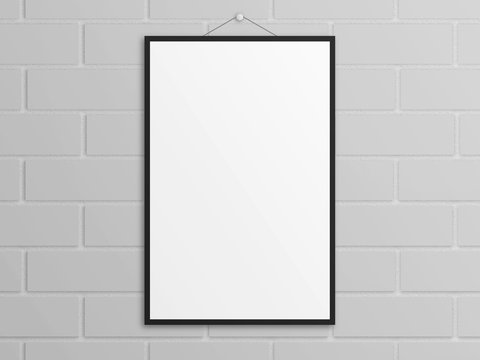 Empty 3D illustration tabloid poster mockup with black frame on wall.