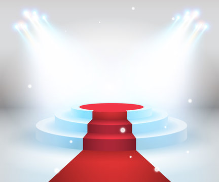 Red carpet with round podium. Pedestal or platform, illuminated by spotlights. Stage with scenic lights. EPS 10 vector illustration