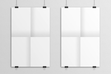 White hanging 3D illustration folded paper poster mockup.