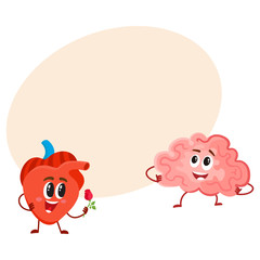 Cute and funny human heart and brain characters, logic versus feelings concept, cartoon vector illustration with space for text. Healthy brain and heart characters, human internal organs