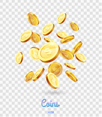 Realistic Gold coins falling down. Isolated on transparent background. - 144290835