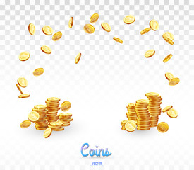 Realistic Gold coins falling down. Isolated on transparent background. - 144290892