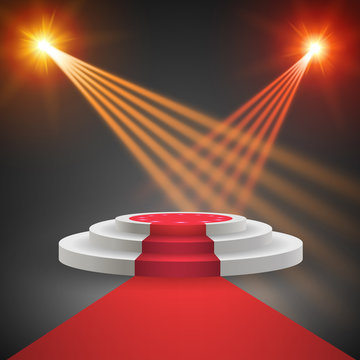 Red carpet with round podium. Pedestal or platform, illuminated by spotlights. Stage with scenic lights. EPS 10 vector illustration