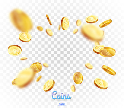 Realistic Gold coins explosion. Isolated on transparent background.