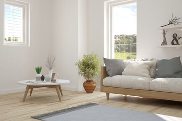 White room with wooden sofa and green landscape in window. Scandinavian interior design. 3D illustration