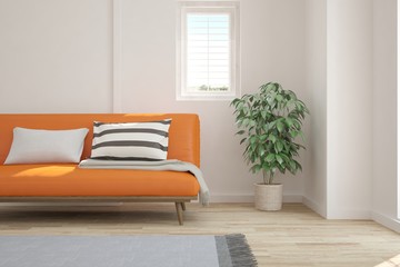 White modern room with orange sofa. Scandinavian interior design. 3D illustration