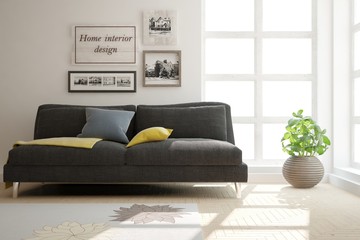 White modern room with black sofa. Scandinavian interior design. 3D illustration