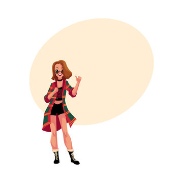 Woman, Girl In 1990s, Grunge Style Clothes, Checkered Flannel Shirt, Round Sunglasses, Cartoon Vector Illustration With Space For Text. Woman In 90s Style Clothing, Retro Disco Party