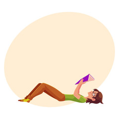 Full length portrait of girl, woman in glasses reading book while lying on her back, cartoon vector illustration with space for text. Girl, woman in glasses reading a book in lying position
