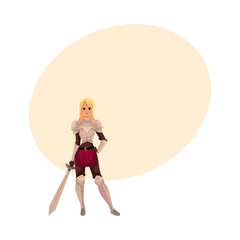 Beautiful blond woman dressed as medieval knight in decorated suit of armor, cartoon vector illustration with space for text. Full length portrait of woman knight in armor holding big sword