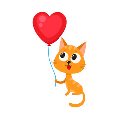 Cute and funny cat, kitten holding red heart shaped balloon, cartoon vector illustration isolated on white background. Cat, kitten holding heart balloon, birthday greeting decoration
