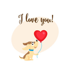 I love you greeting card, banner template with funny dog, puppy holding red heart shaped balloon, cartoon vector illustration. Cute dog holding heart balloon, love postcard, greeting card, banner