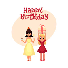 Happy birthday vector greeting card, poster, banner design with Two girls at birthday party, one mischievous with ice cream and magic wand, another holding big gift. Happy girls having fun