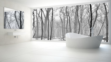 Naklejka na ściany i meble Minimalist white and gray bathroom with big panoramic window, winter wood in the background