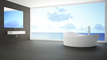 Minimalist white and gray bathroom with big panoramic window, summer beach in the background