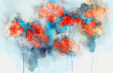 Abstract red poppy flowers on splashed watercolor background, digital watercolor painting