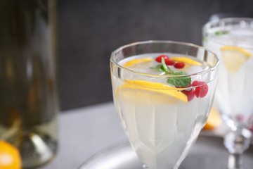 Refreshing cocktails with cranberry and lemon, closeup