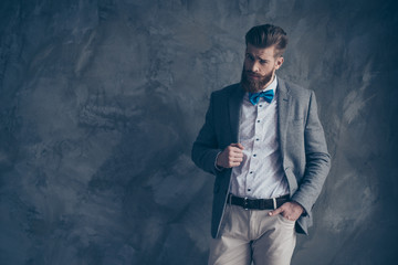 Portrait of young bearded guy in a suit stands on a gray background and looks inquiringly