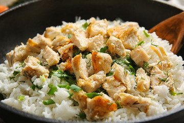 Frying pan with chicken and rice, closeup
