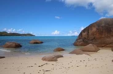 Fototapeta na wymiar Cote D´Or Beach at Anse Volbert is situated in the north of Praslin Island, Seychelles, Indian Ocean, Africa