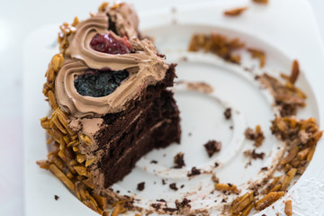 piece of chocolate cake on dish.
