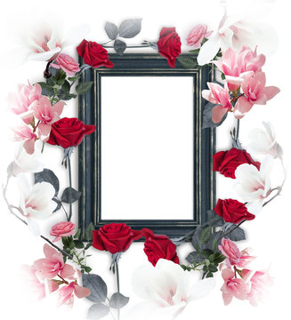 Roses, magnolia flowers and photo frame
