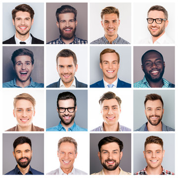 Collage picture of different multiethnic cheerful adult man expressing happiness and showing beautiful white smiles