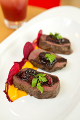 Organic Venison served with fresh raspberry raspberry sauce, beetroot slices and pumpkin puree, on a white plate.