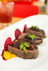 Organic Venison served with fresh raspberry raspberry sauce, beetroot slices and pumpkin puree, on a white plate.