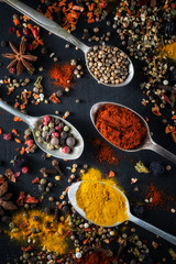 Spoons with different colored spices on chalkboard