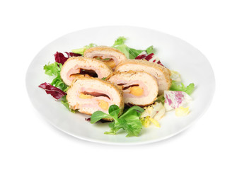 Plate with tasty chicken sliced roll on white background