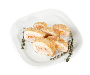 Plate with tasty chicken sliced roll on white background