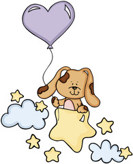 Cute dog with balloon on stars and clouds