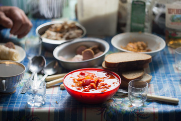 Dinner on a table in an old rustic house