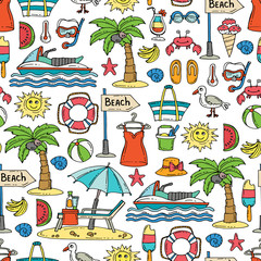 Pattern with hand drawn colored symbols of summer and beach. Pattern on the theme of travel - 144300810