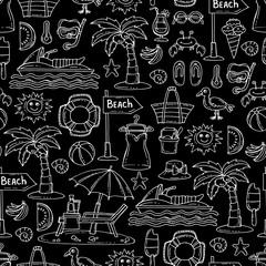 Pattern with hand drawn isolated symbols of summer and beach on black color. Pattern on the theme of travel