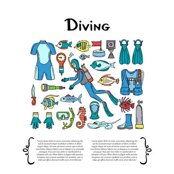 Cover with hand drawn colored symbols of diving on white background. Set on the theme of outfit, sea, travel, recreation