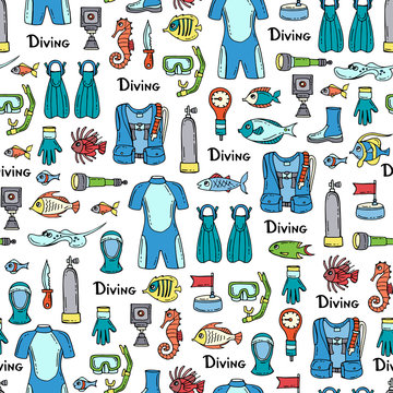 Pattern with hand drawn colored symbols of diving. Pattern on the theme of summer, travel, hobby